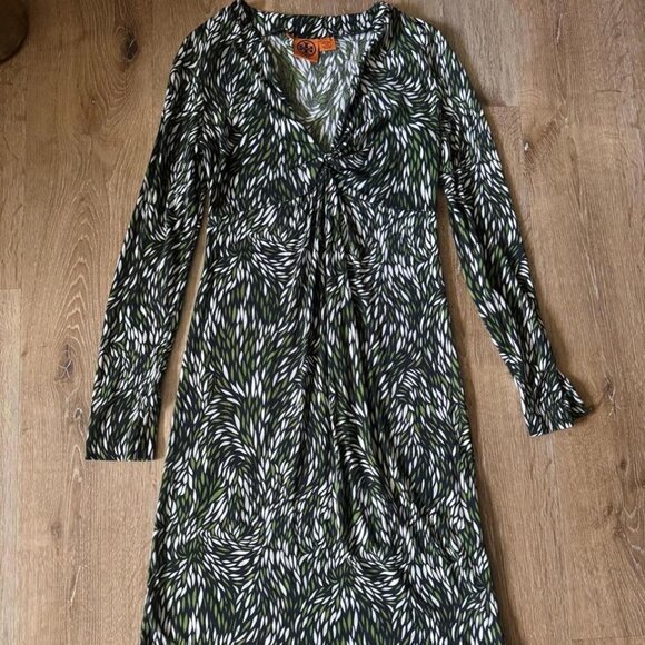 Tory Burch Size S Black/Green/White 100% Silk Long Sleeve V Neck abstract Dress - Picture 1 of 5
